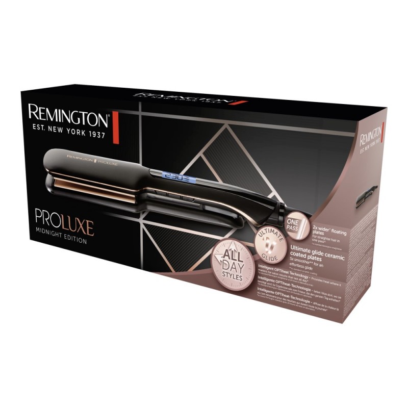 Remington Випрямляч PROluxe Midnight Wide Plate Straightener, темп.режимов-9, 150-230С, чохол, дісплей, кераміка, чорний