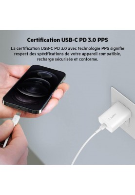 Belkin Зарядний пристрій мережевий 25Вт USB-С PD PPS, кабель USB-С > Lightning, 1м, PVC, білий