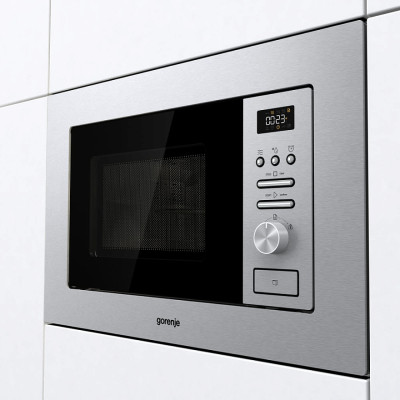 Gorenje Мікрохвильова піч вбудовувана, 20л, міх. управл., 800Вт, гриль, дисплей, інвертор, нерж