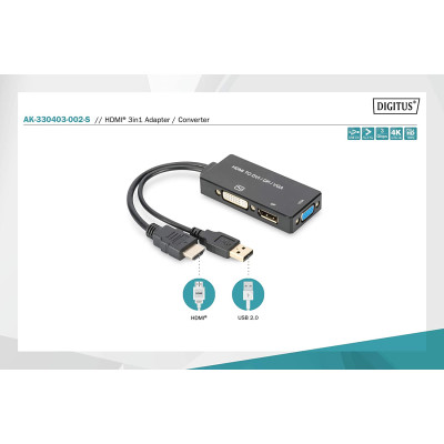 Digitus Перехідник HDMI - DP+DVI+VGA UHD 4K, M-F/F/F, 3 in 1