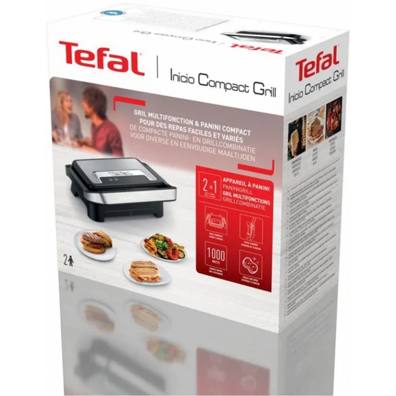 Tefal Гриль прижимний Inicio Compact 1000Вт, темп. режимів-1, алюміній, чорно-срібний