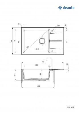 Deante Мийка кухонна Eridan, граніт, прямокутник, з крилом, 780х500х210мм, чаша - 1, накладна, металічний графіт