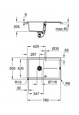 Grohe Мийка кухонна K400, граніт, прямокут., з крилом, 780x500x205мм, чаша - 1, врізна, сірий граніт