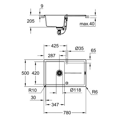 Grohe Мийка кухонна K400, граніт, прямокут., з крилом, 780x500x205мм, чаша - 1, врізна, сірий граніт