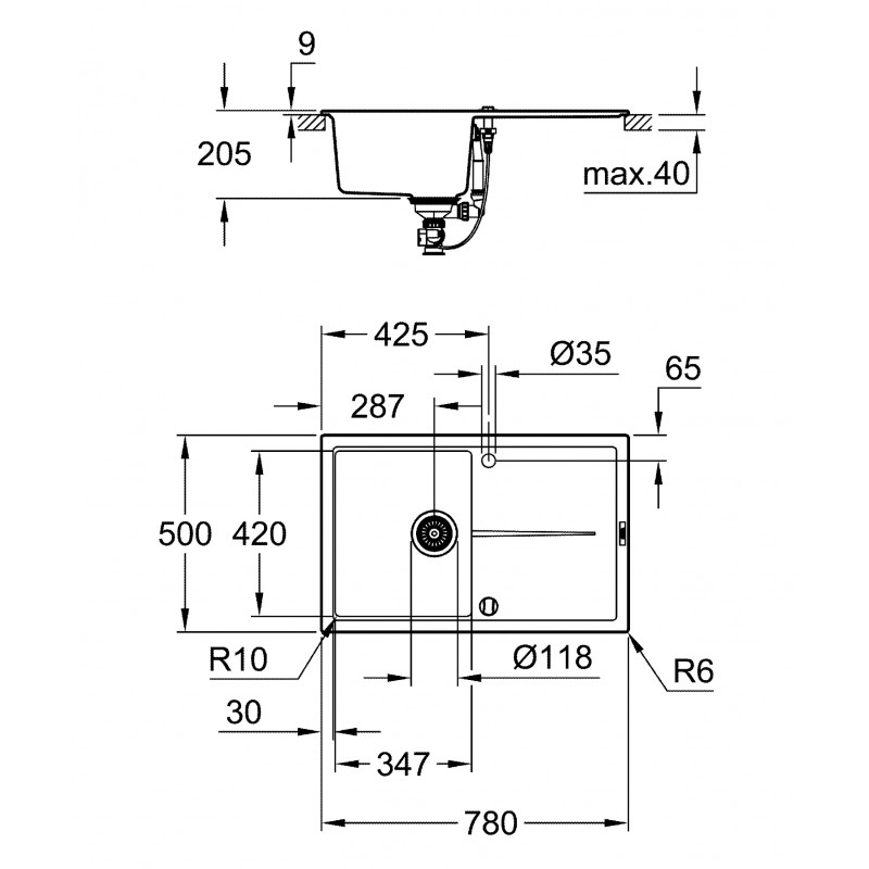 Grohe Мийка кухонна K400, граніт, прямокут., з крилом, 780x500x205мм, чаша - 1, врізна, сірий граніт