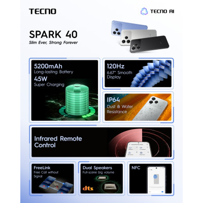 TECNO Смартфон Spark 40 (KM5n) 6.67" 8/256ГБ, 2SIM, 5200мА•год, Ink Black