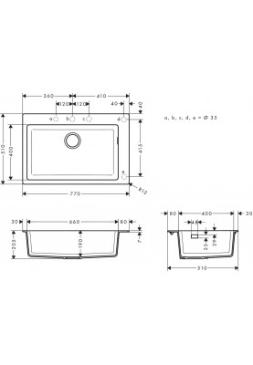 Hansgrohe Мийка кухонна S51, граніт, прямокутник, без крила, 770х510х190мм, чаша - 1, накладна, S510-F660, сірий камінь