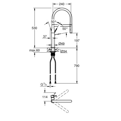 Grohe Змішувач для кухні Essence, довж.виливу - 240мм, поворотний/гнучкий, 1важіль, супер сталь