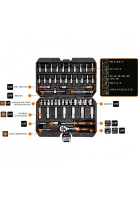 Neo Tools Набір інструментів, Набір торцевих головок, 73шт, 1/2", 1/4", CrV, кейс