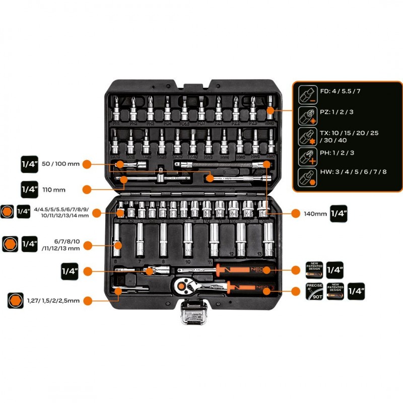 Neo Tools Набір інструментів, Набір торцевих головок, 73шт, 1/2", 1/4", CrV, кейс