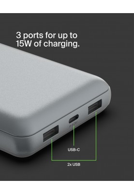 Belkin Акумулятор портативний літій-іонний Power Bank 20000мА·год, 15Вт, 2хUSB-A/USB-C, cірий