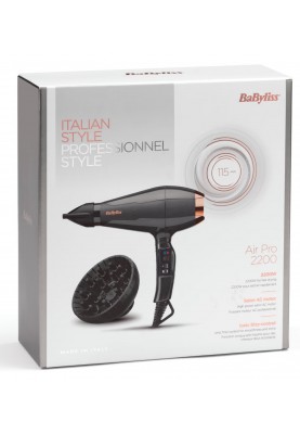 BaByliss Фен Air Pro, 2200Вт, 2 режими, дифузор, іоніз-я, хол. обдув, чорний