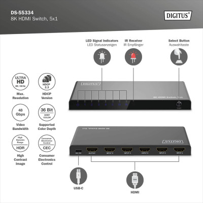 Digitus Відеокомутатор UHD HDMI (INx5 – OUTx1), 8K