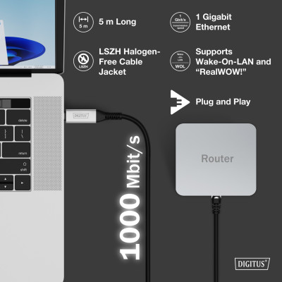 Digitus Кабель DIGITUS Ethernet USB-C - RJ45 CAT 6A S/FTP, 1 Gbit/s, 5m, LSZH Digitus Кабель DIGITUS Ethernet USB-C - RJ45 CAT 6A S/FTP, 1 Gbit/s, 5m, LSZH