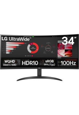 LG Монітор 34" 34WR50QK-B 2xHDMI, DP, Audio, VA, 3440x1440, 21:9, 100Hz, sRGB 99%, CURVED, FreeSync, HDR10