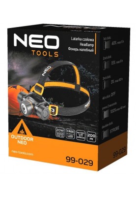Neo Tools Ліхтар налобний, акум. USB, 4000 мАг, 3,7 Li-ion, 20Вт, 2000 лм