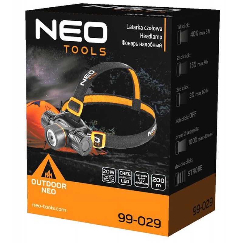 Neo Tools Ліхтар налобний, акум. USB, 4000 мАг, 3,7 Li-ion, 20Вт, 2000 лм