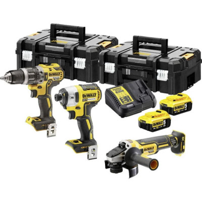 DeWALT Набір із трьох акумуляторних інструментів DeWALT 18В дриль-шурупокрут ударний DCD796 шурупокрут ударний DCF887 шліфмашина кутова DCG405 акб 2х5А·год ЗП 2хTSTAK 9.7кг