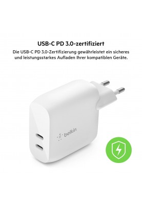 Belkin Зарядний пристрій мережевий 40Вт 2хUSB-С PD, білий