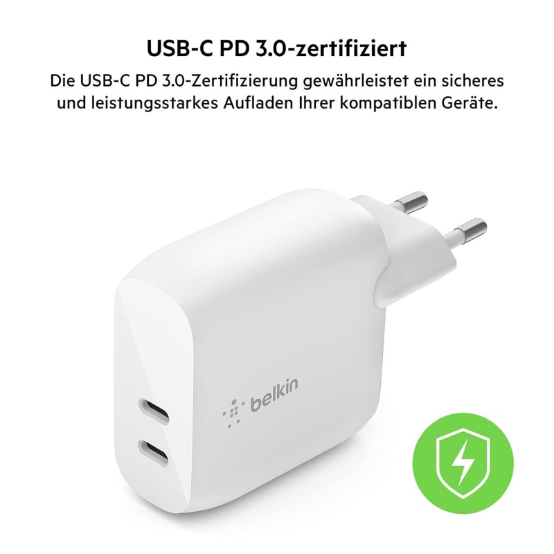 Belkin Зарядний пристрій мережевий 40Вт 2хUSB-С PD, білий