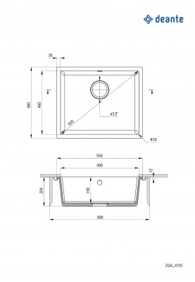 Deante Мийка кухонна Corda, граніт, прямокутник, без крила, 550х460х204мм, чаша - 1, накладна, металічний графіт