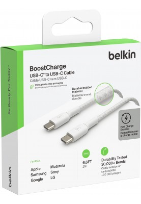 Belkin Кабель USB-C > USB-C заряджання/синхронізації 2м, 60Вт, Type-C, плетен, білий