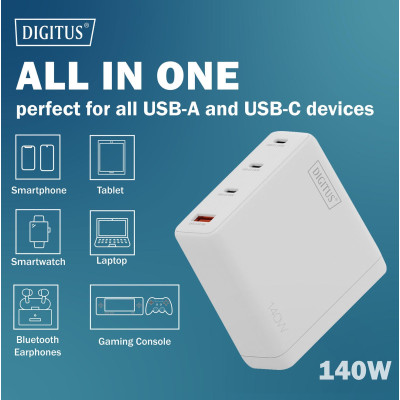 Digitus Зарядний пристрій GaN 3хUSB-C, 1хUSB-A, 140W