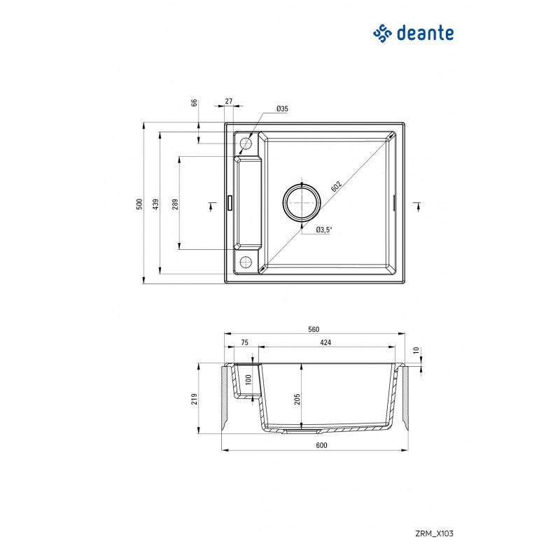 Deante Мийка кухонна Magnetic, граніт, квадрат, без крила, 560х500х219мм, чаша - 1, накладна, металічний графіт