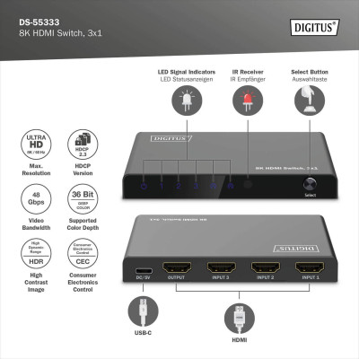 Digitus 3x1 HDMI Switch, 8K/60Hz (4:4:4), HDR, HDCP 2.3