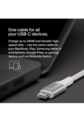 Belkin Кабель USB-C > USB-C заряджання/синхронізації 2м, 240Вт, Type-C, плетений, білий