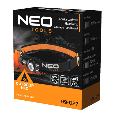 Neo Tools Ліхтар налобний, акум. USB, 700 мАг, 3,7 Li-ion, 6Вт, 600 лм