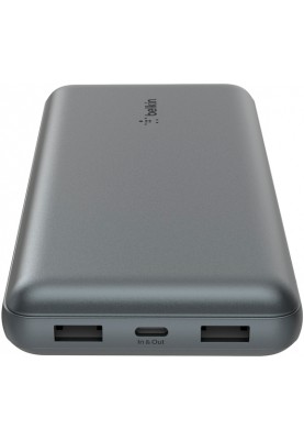 Belkin Акумулятор портативний літій-іонний Power Bank 20000мА·год, 15Вт, 2хUSB-A/USB-C, cірий