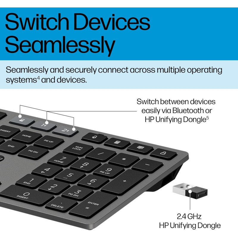 HP Клавіатура мембранна 720 Multi-Device Rechargeable, 109key, WL/BT, EN/UK, чорний