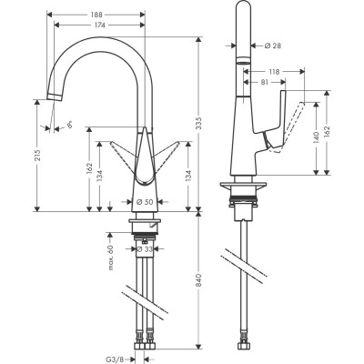 Hansgrohe Змішувач для кухні Talis S, довж.виливу - 174мм, поворотний, 1важіль, KM220, хром