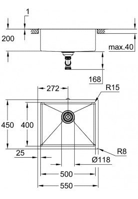 Grohe Мийка кухонна K700U, нерж.сталь, прямокут., без крила, 550x450x200мм, чаша - 1, уніврсальна, нержавіюча сталь