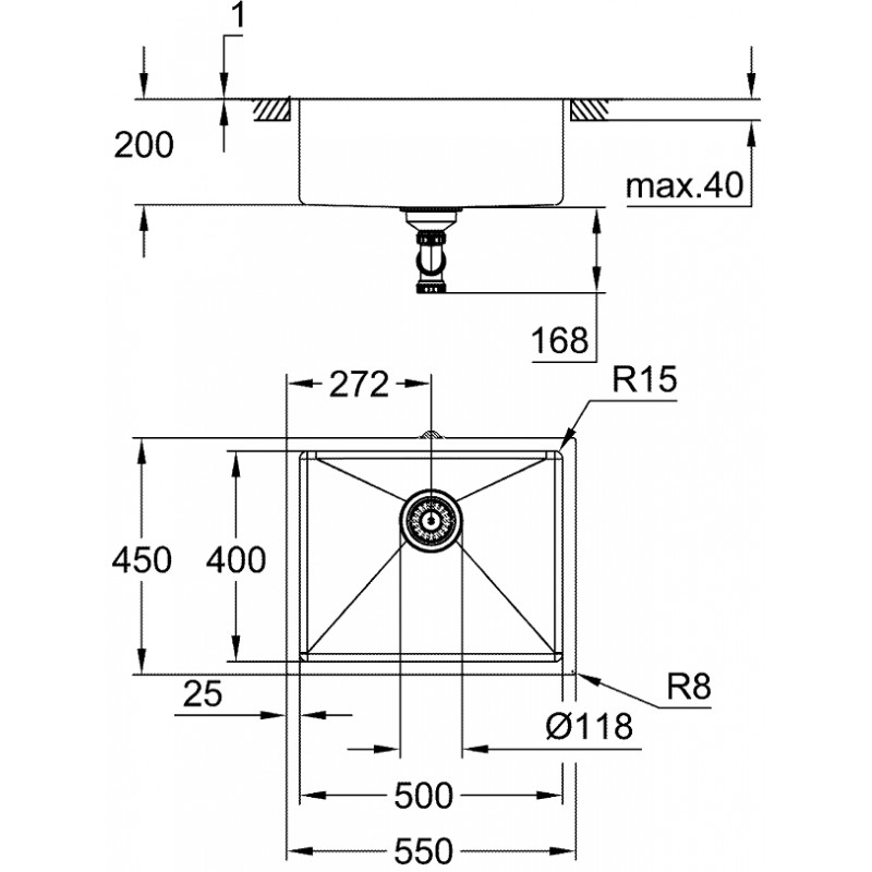 Grohe Мийка кухонна K700U, нерж.сталь, прямокут., без крила, 550x450x200мм, чаша - 1, уніврсальна, нержавіюча сталь