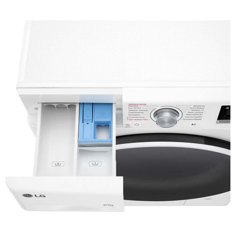 LG Прально-сушильна машина фронтальна, 9(5)кг, 1200, А, 48см, дисплей, пара, інвертор, білий