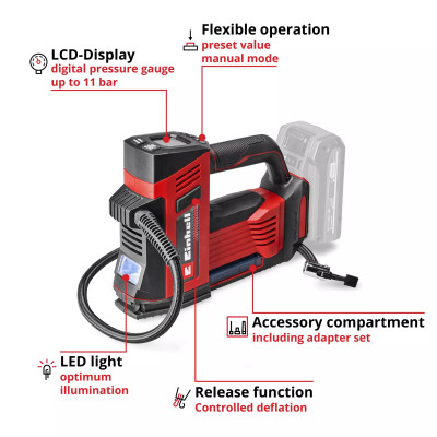 Einhell Компресор повітряний акумуляторний CE-CC 18/23 D Li - Solo, 18В, до 12л/хв, 11бар, 1.16кг без АКБ та ЗП