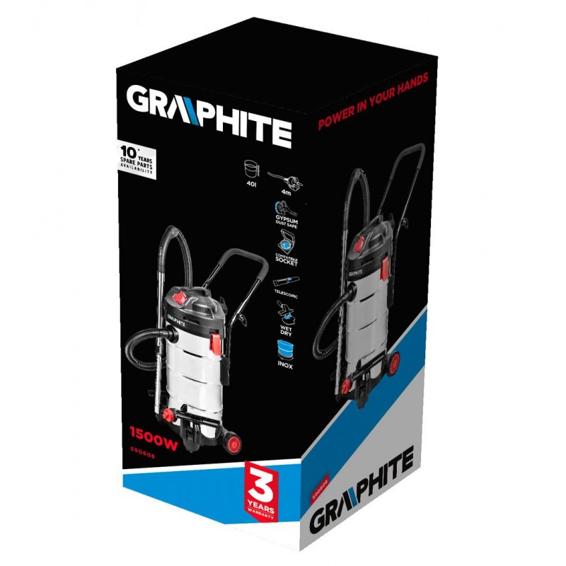 Graphite Пилосос будівельний GRAPHITE, 1500Вт, для сухого та вологого збирання, IPX4