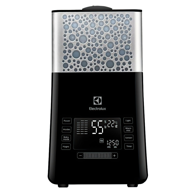 Electrolux Зволожувач повітря ультразвуковий, 50м2, 5л, 400мл/г, електр. кер-ння, пульт ДК, гігростат, теплий пар, чорний