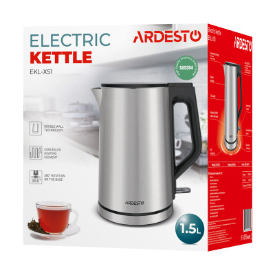 ARDESTO Електрочайник Steel Collection 1.5л, подвійні стінки, сріблястий ARDESTO Електрочайник Steel Collection 1.5л, подвійні стінки, сріблястий
