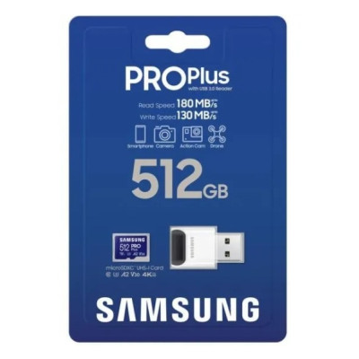 Samsung Карта пам'яті microSDXC 512GB C10 UHS-I R180MB/s PRO Plus + SD Samsung Карта пам'яті microSDXC 512GB C10 UHS-I R180MB/s PRO Plus + SD