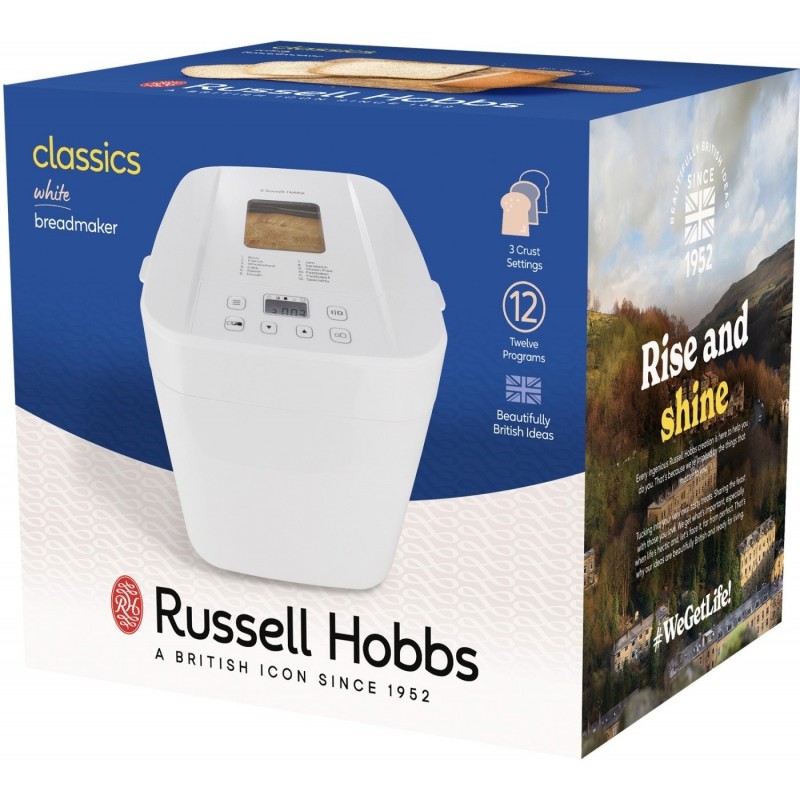 Russell Hobbs Хлібопічка 600Вт, програм-12, макс.вага -1кг, форма-прямокутник, пластик, білий