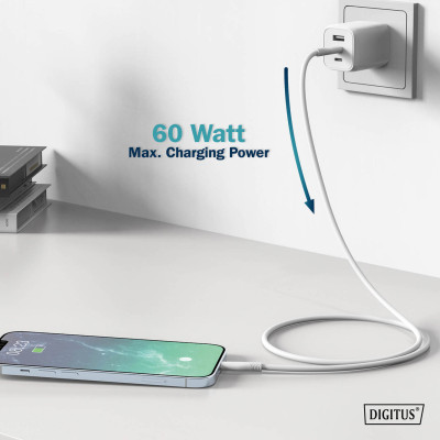 Digitus USB-C > Lightning заряджання/синхронізації, 1м, USB 2.0, 60W, силіконовий, білий