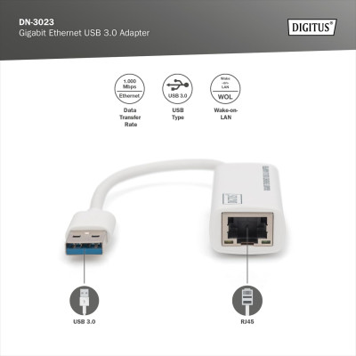 Digitus Адаптер USB 3.0 to Gigabit Ethernet, білий Digitus Адаптер USB 3.0 to Gigabit Ethernet, білий