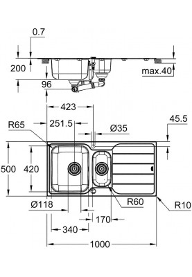 Grohe Мийка кухонная K500, нерж.сталь, прямокут., з крилом, 1000x500x200мм, чаша - 2, врізна, нержавіюча сталь