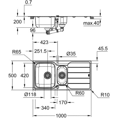 Grohe Мийка кухонная K500, нерж.сталь, прямокут., з крилом, 1000x500x200мм, чаша - 2, врізна, нержавіюча сталь