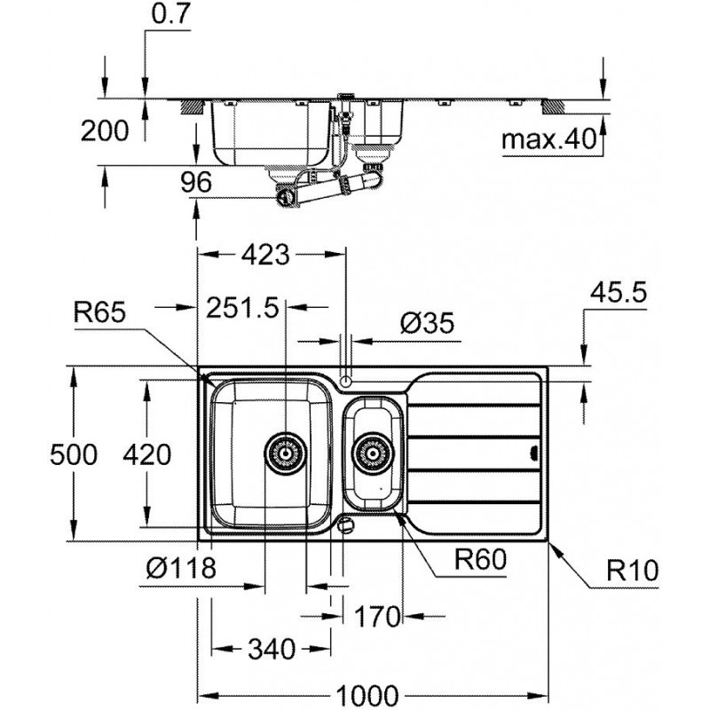 Grohe Мийка кухонна K500, нерж.сталь, прямокут., з крилом, 1000x500x200мм, чаша - 2, врізна, нержавіюча сталь