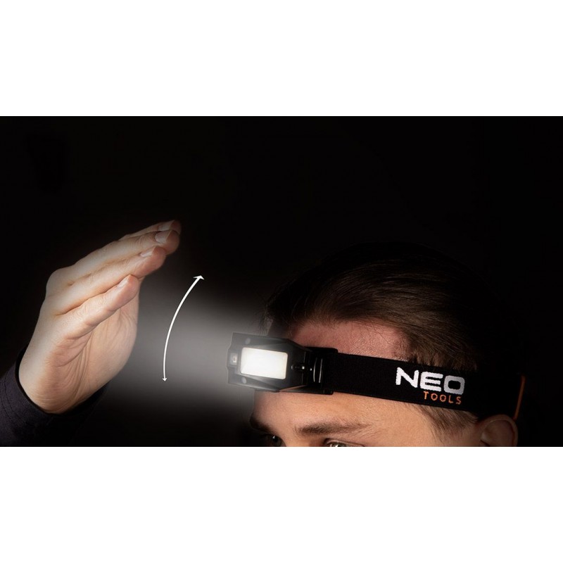 Neo Tools Ліхтар налобний акумуляторний, 500мАг, 180лм, 3Вт, датчик руху, рухома конструкція на 360°, червоне світло, 50г, IPX4