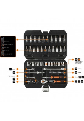 Neo Tools Набір інструментів, Набір торцевих головок, 46шт, 1/4", CrV, кейс